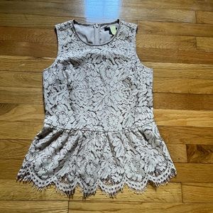 J. Crew neutral beige tan top with lace overlay